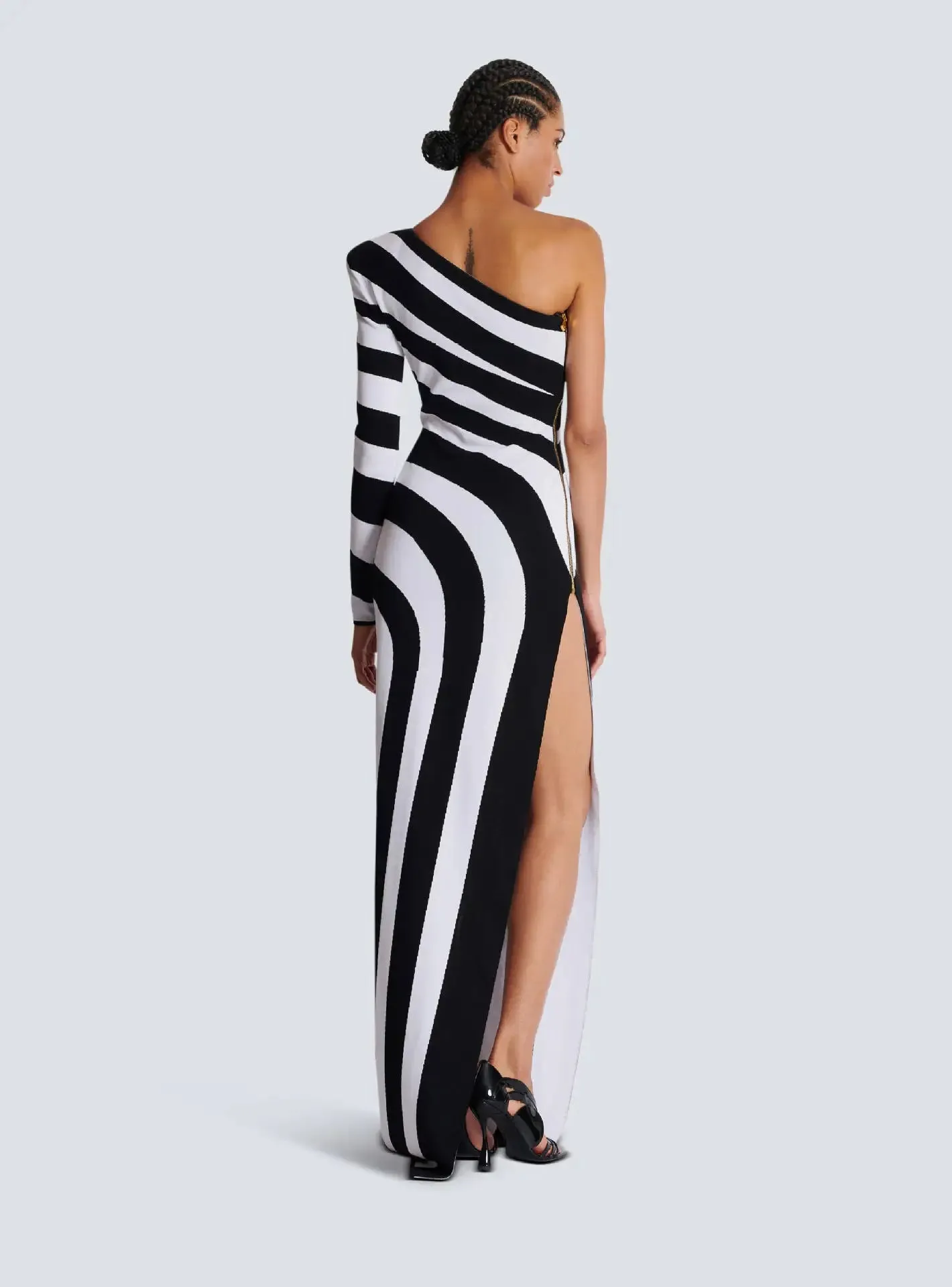 Trend4us Women's Chic One-Shoulder Striped High-Slit Gown