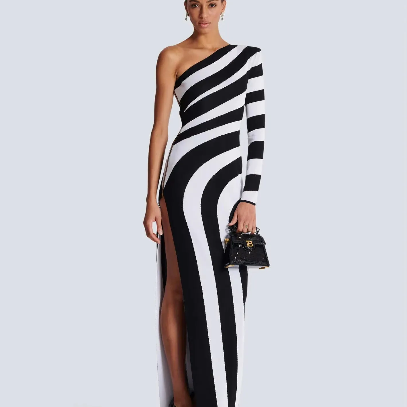 Trend4us Women's Chic One-Shoulder Striped High-Slit Gown