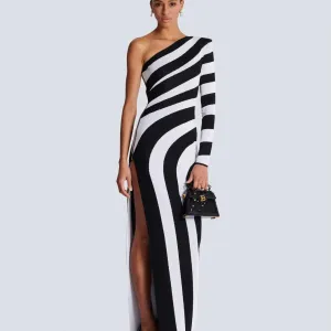 Trend4us Women's Chic One-Shoulder Striped High-Slit Gown