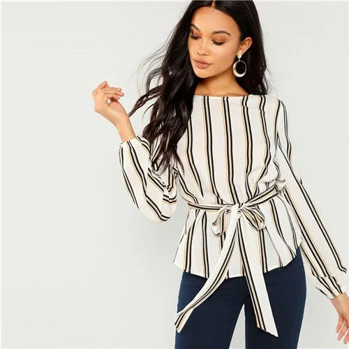VenusFox White Elegant Striped Blouse