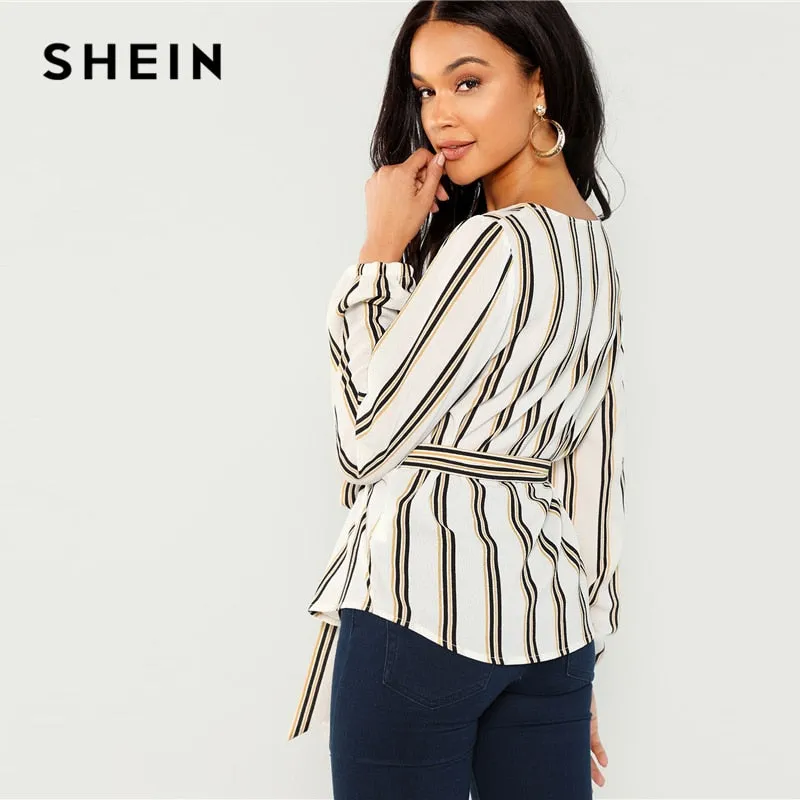 VenusFox White Elegant Striped Blouse