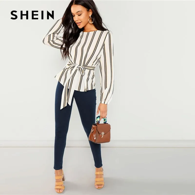 VenusFox White Elegant Striped Blouse