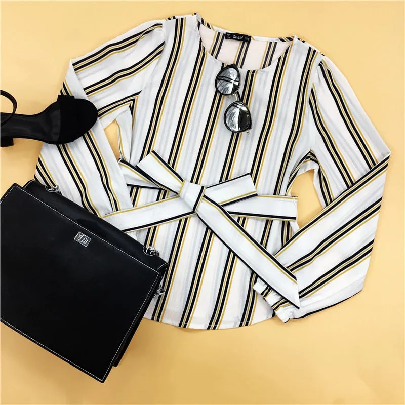 VenusFox White Elegant Striped Blouse