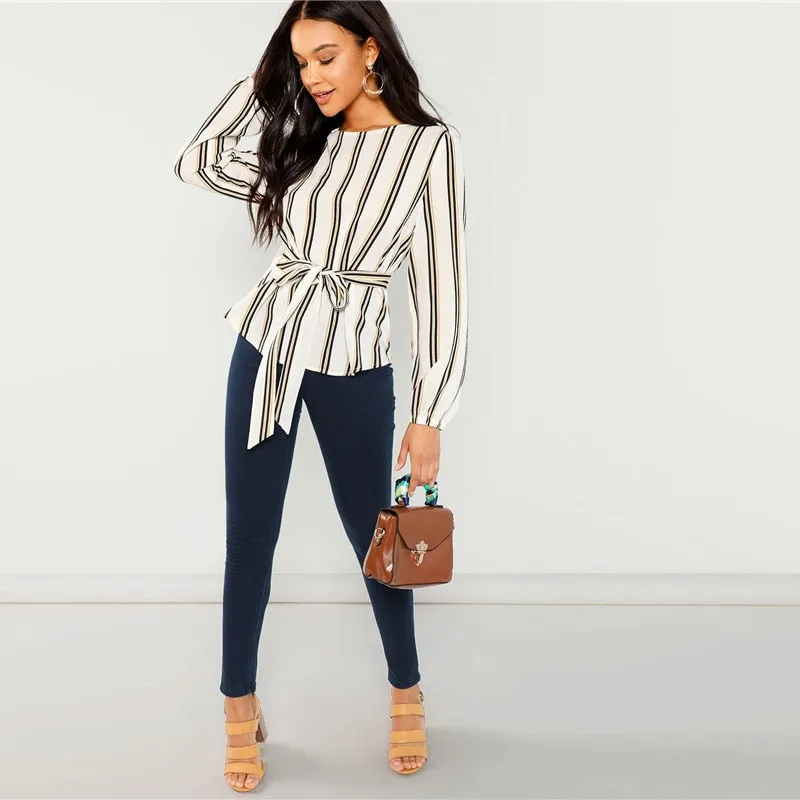 VenusFox White Elegant Striped Blouse