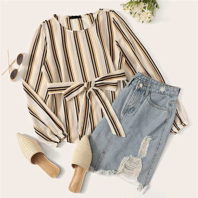 VenusFox White Elegant Striped Blouse