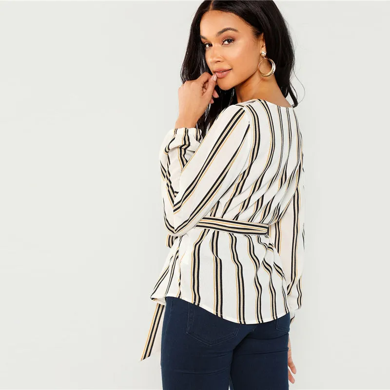 VenusFox White Elegant Striped Blouse