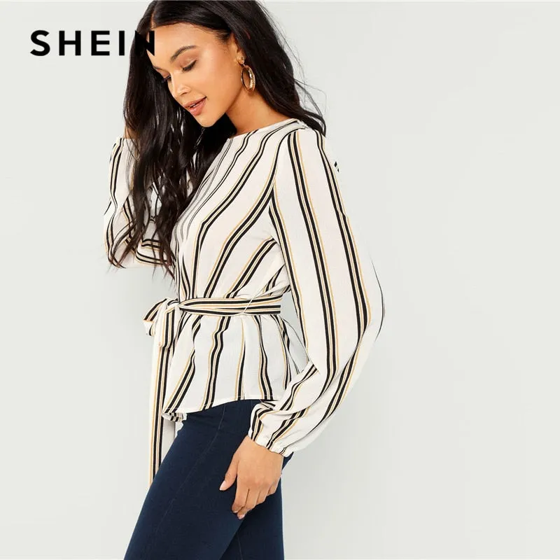 VenusFox White Elegant Striped Blouse