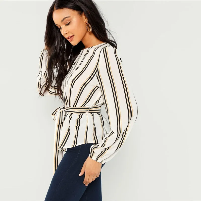 VenusFox White Elegant Striped Blouse