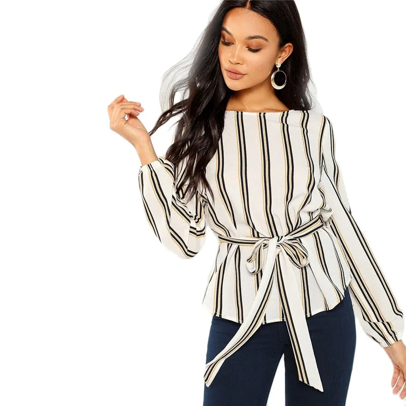 VenusFox White Elegant Striped Blouse