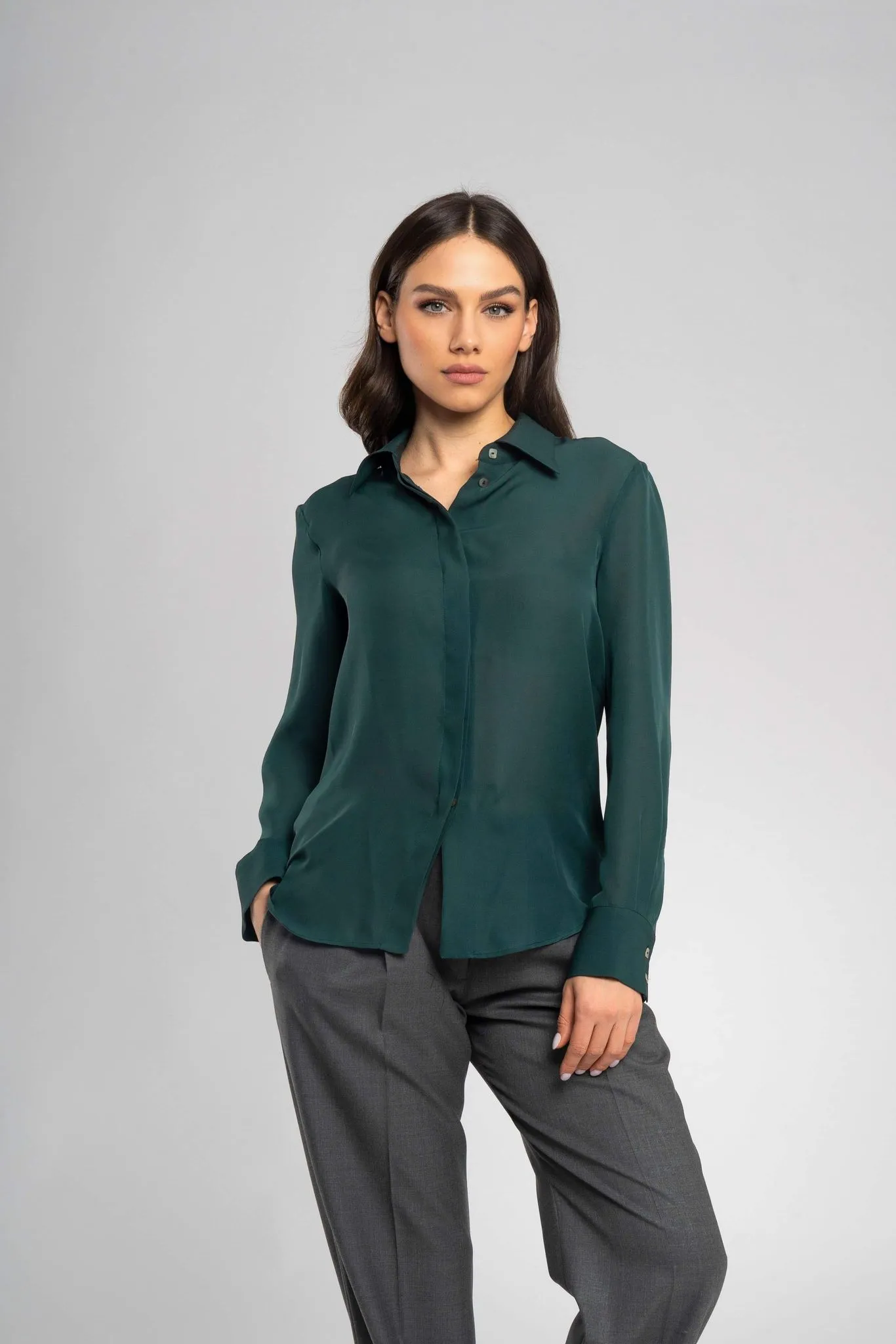 Vera Dark Green Italian soft Silk Shirt - Classic, Elegant, and Versatile for Any Occasion