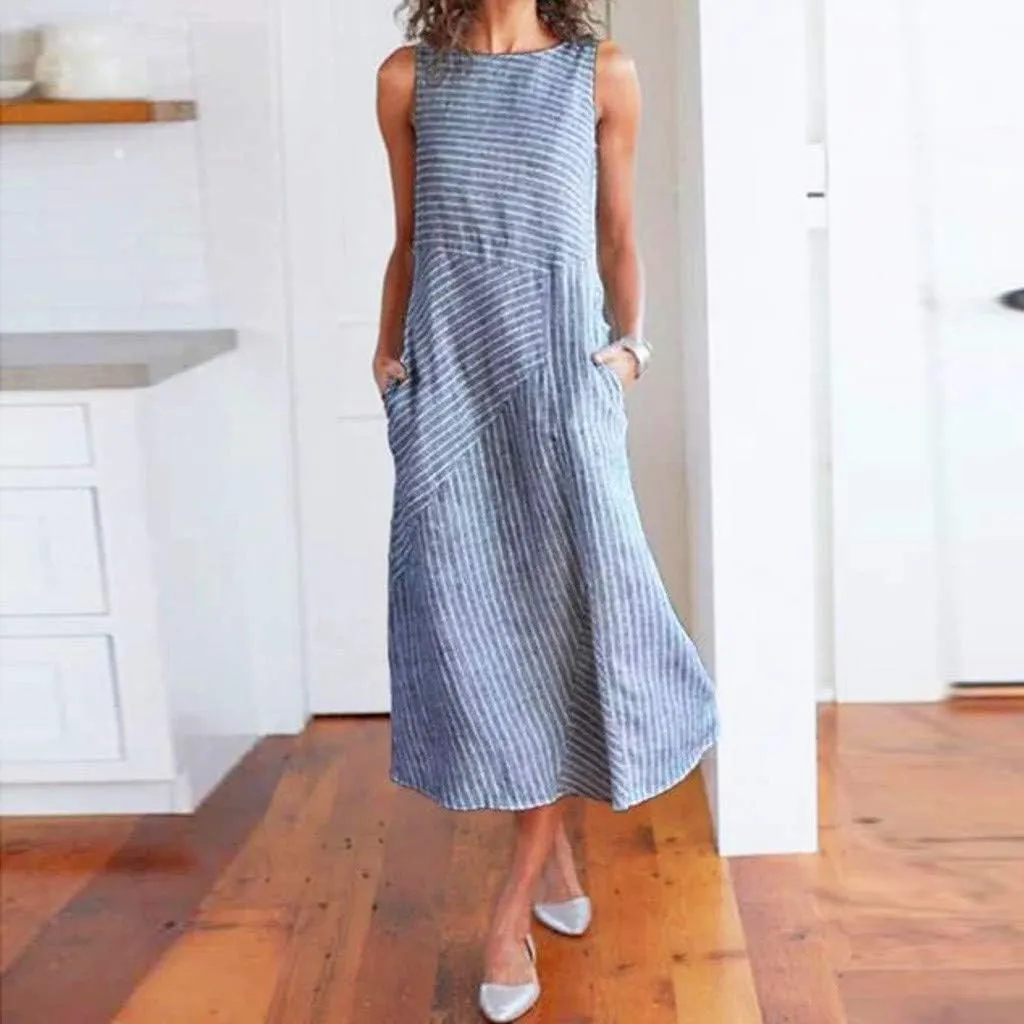 Women's Linen Dresses Sleeveless Crew Neck Striped Long Dress with Pockets 2024, S-2XL