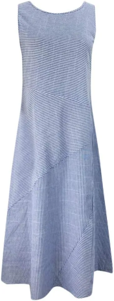 Women's Linen Dresses Sleeveless Crew Neck Striped Long Dress with Pockets 2024, S-2XL