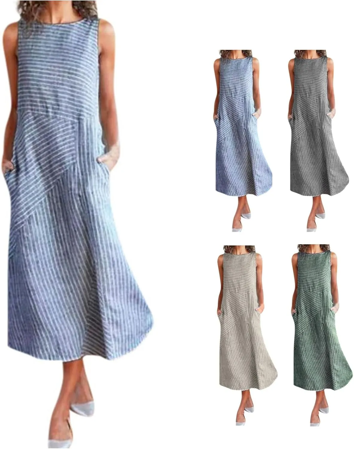 Women's Linen Dresses Sleeveless Crew Neck Striped Long Dress with Pockets 2024, S-2XL