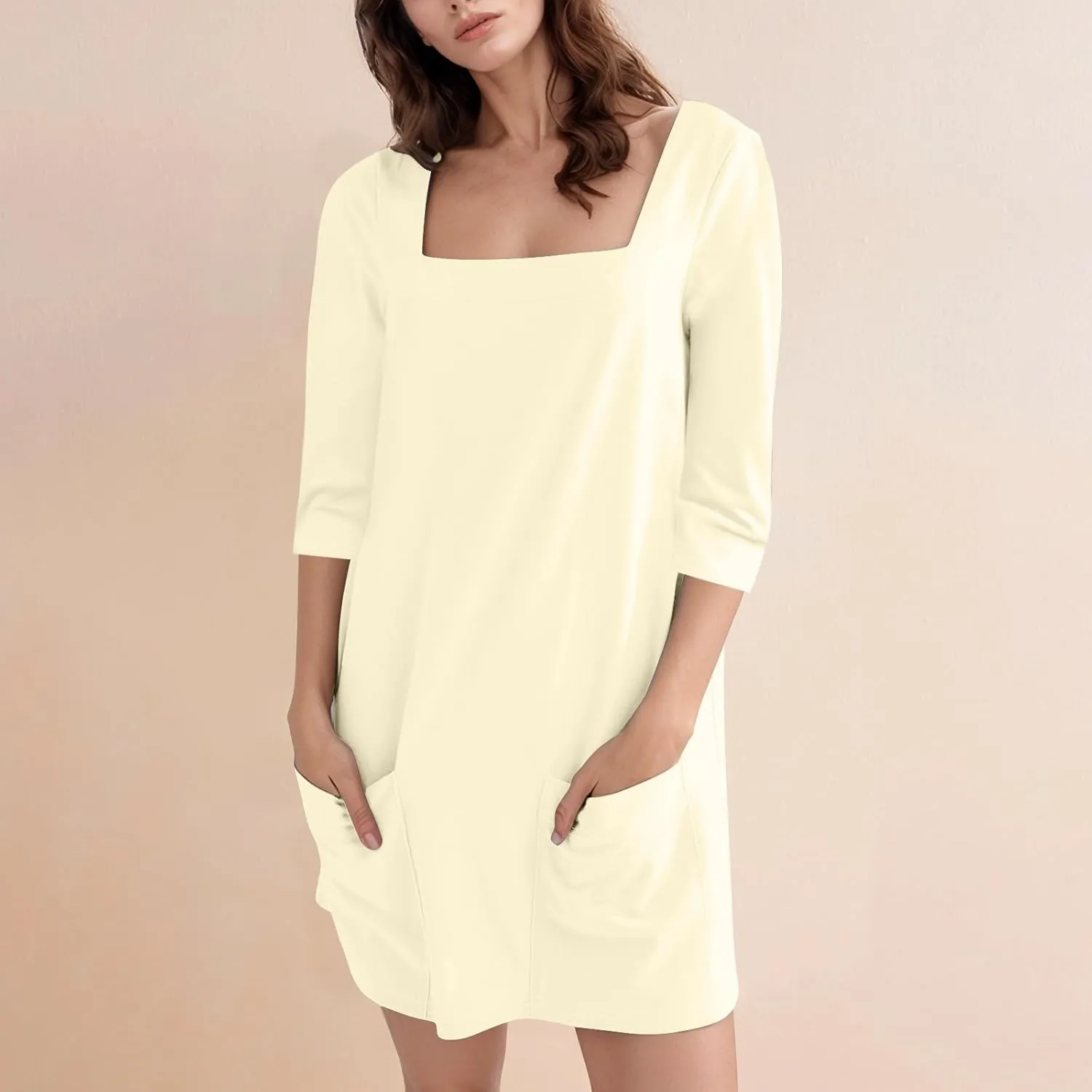 Women's Summer Casual Loose Trendy Dress Square Neck 3/4 Sleeve Solid Color Patchwork Midi Dresses, S-3XL