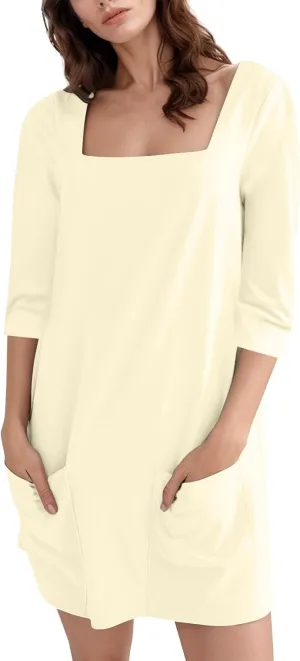 Women's Summer Casual Loose Trendy Dress Square Neck 3/4 Sleeve Solid Color Patchwork Midi Dresses, S-3XL