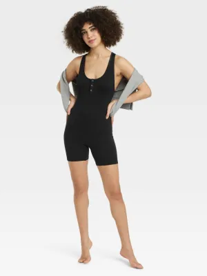 Women's Waffle Seamless Romper,Black